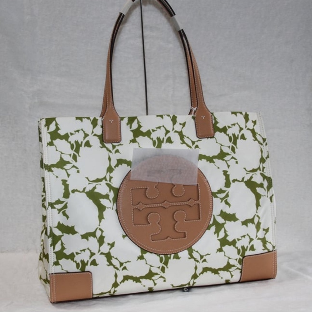 NWT Tory Burch 151611 Ella Nylon Floral Tote Green Bold Flower Large Logo Bag - Picture 4 of 8